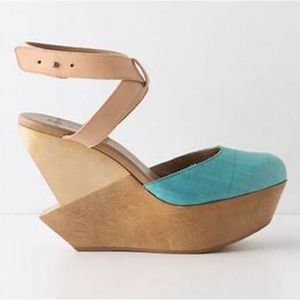 Anthropologie Schuler & Sons Leather Pulled Tide Wedge Platform Heels Teal 11